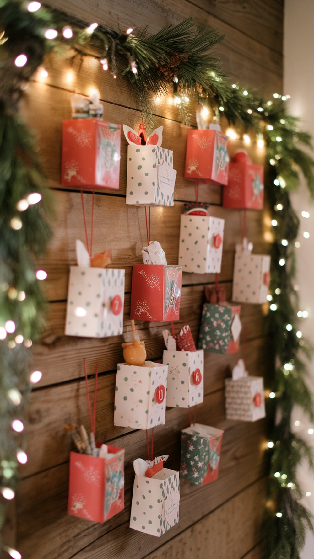 A colorful DIY advent calendar with small boxes hanging on a wooden wall, decorated with festive designs and lights.
