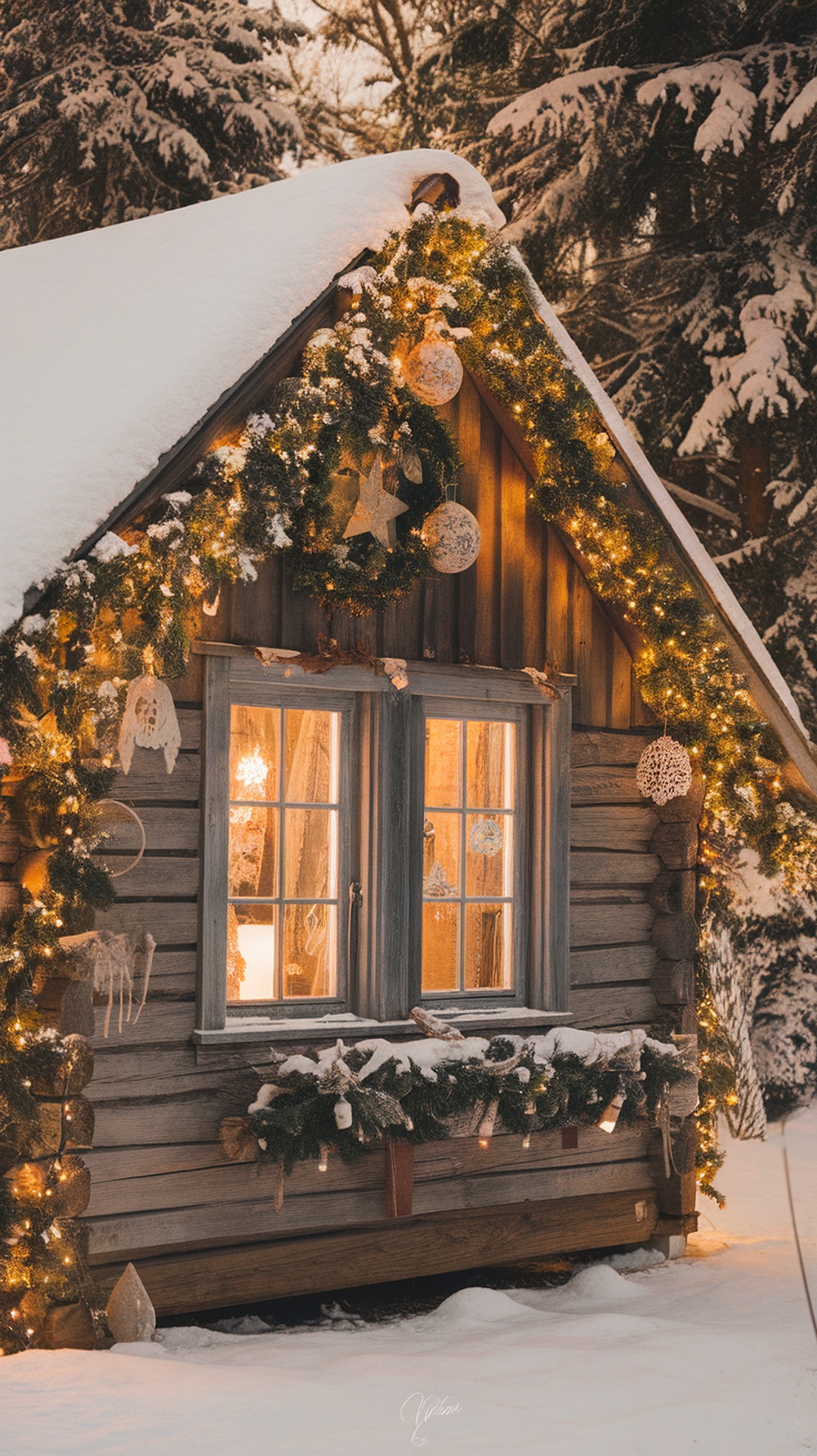 A cozy wooden cabin decorated for Christmas with snow, greenery, and warm lights.