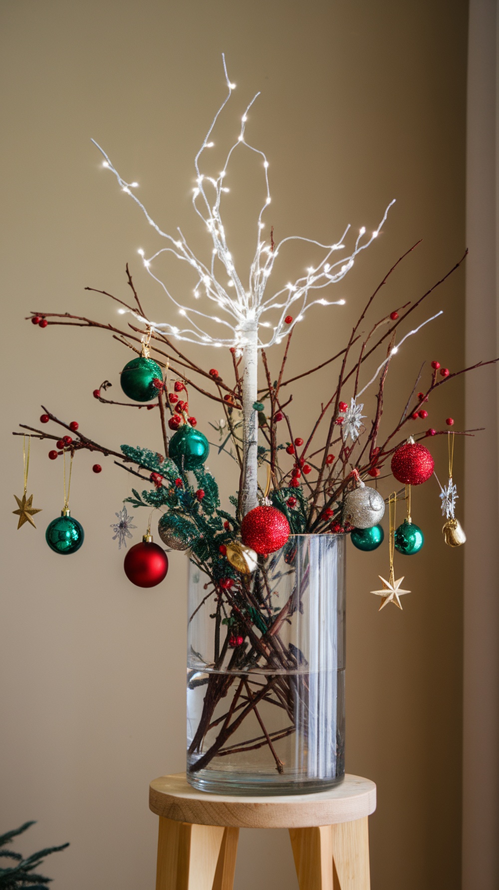 A decorative arrangement of twigs and branches in a clear vase, adorned with lights and colorful ornaments.