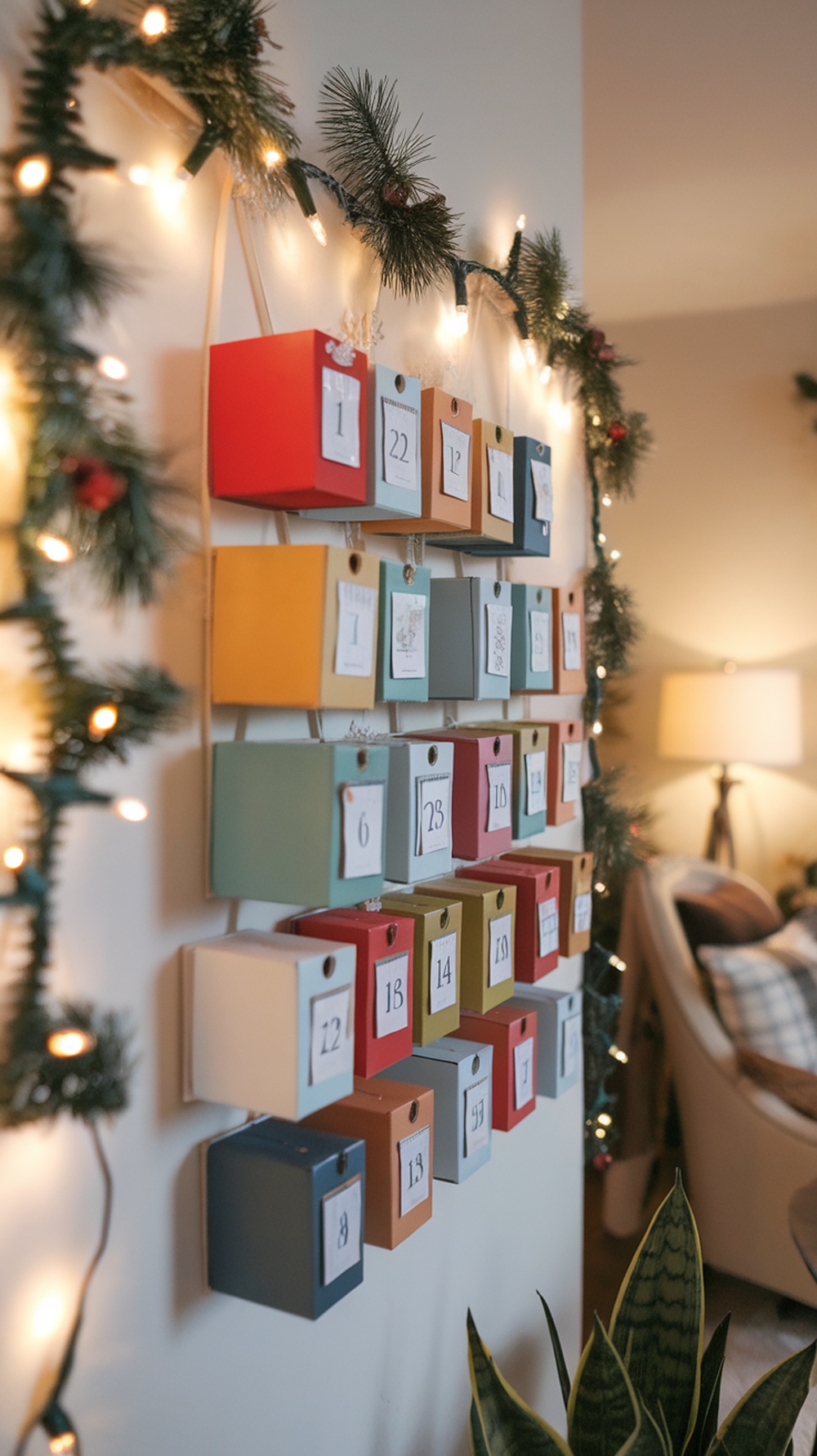 Colorful DIY advent calendar with small boxes hanging on a wall, decorated with Christmas lights and greenery.