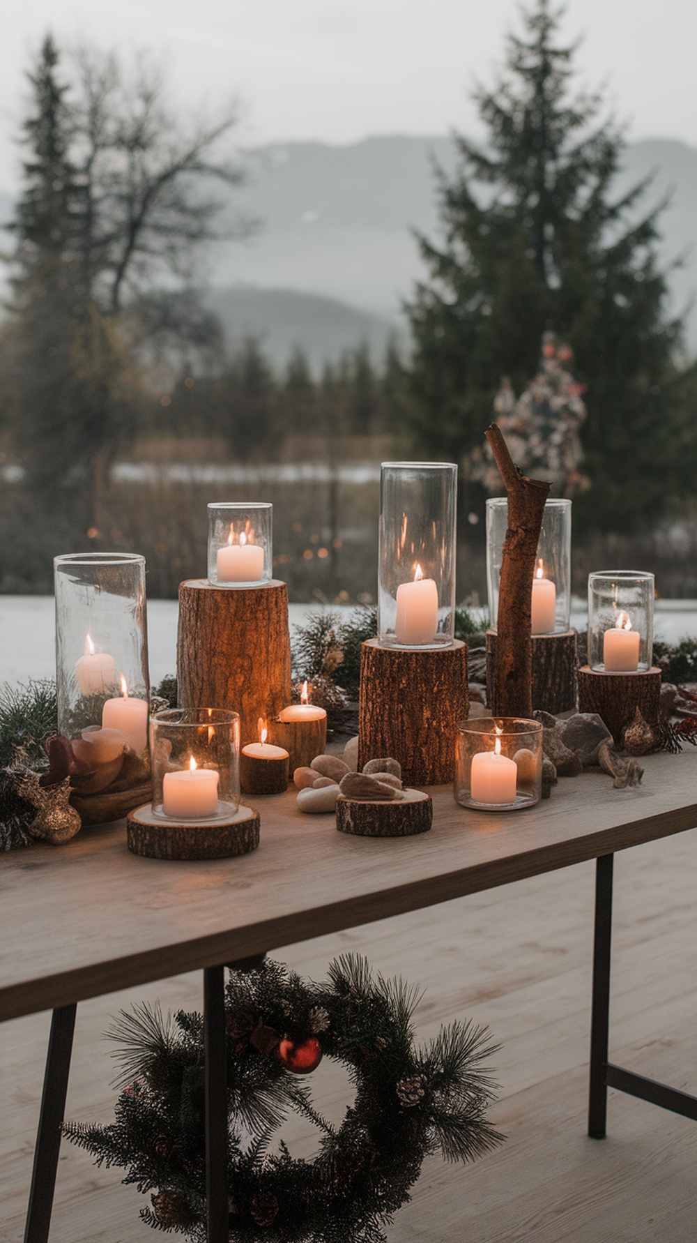 A rustic arrangement of DIY candle holders featuring wooden logs and glass containers, surrounded by greenery and stones.