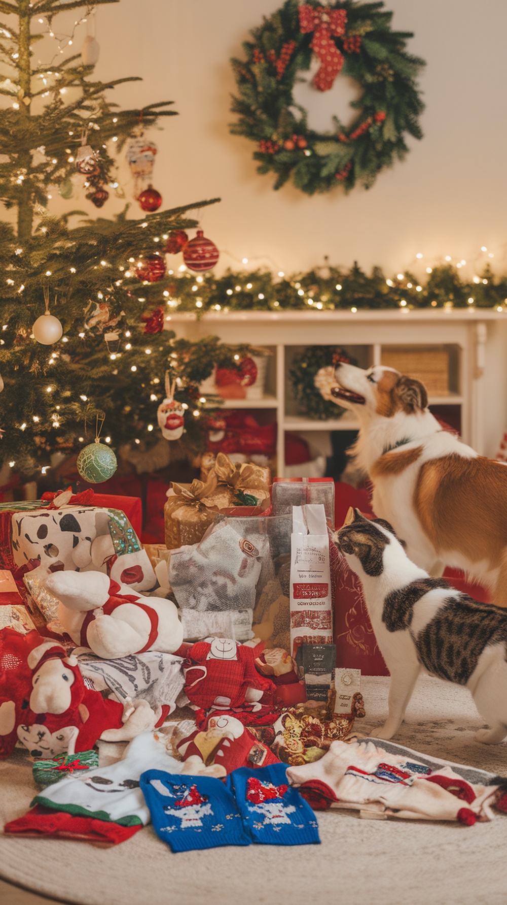 A cozy Christmas scene with a dog and cat exploring gifts under a decorated tree.