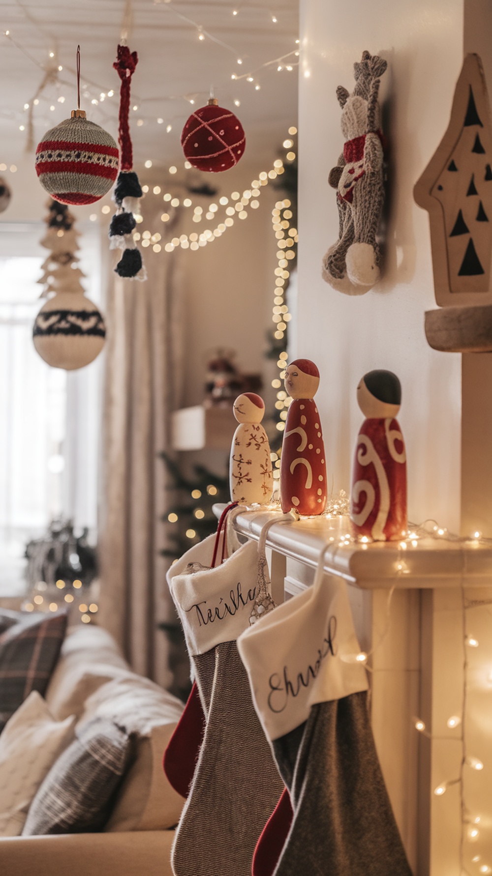 A cozy holiday scene featuring handmade ornaments, stockings, and warm lighting.