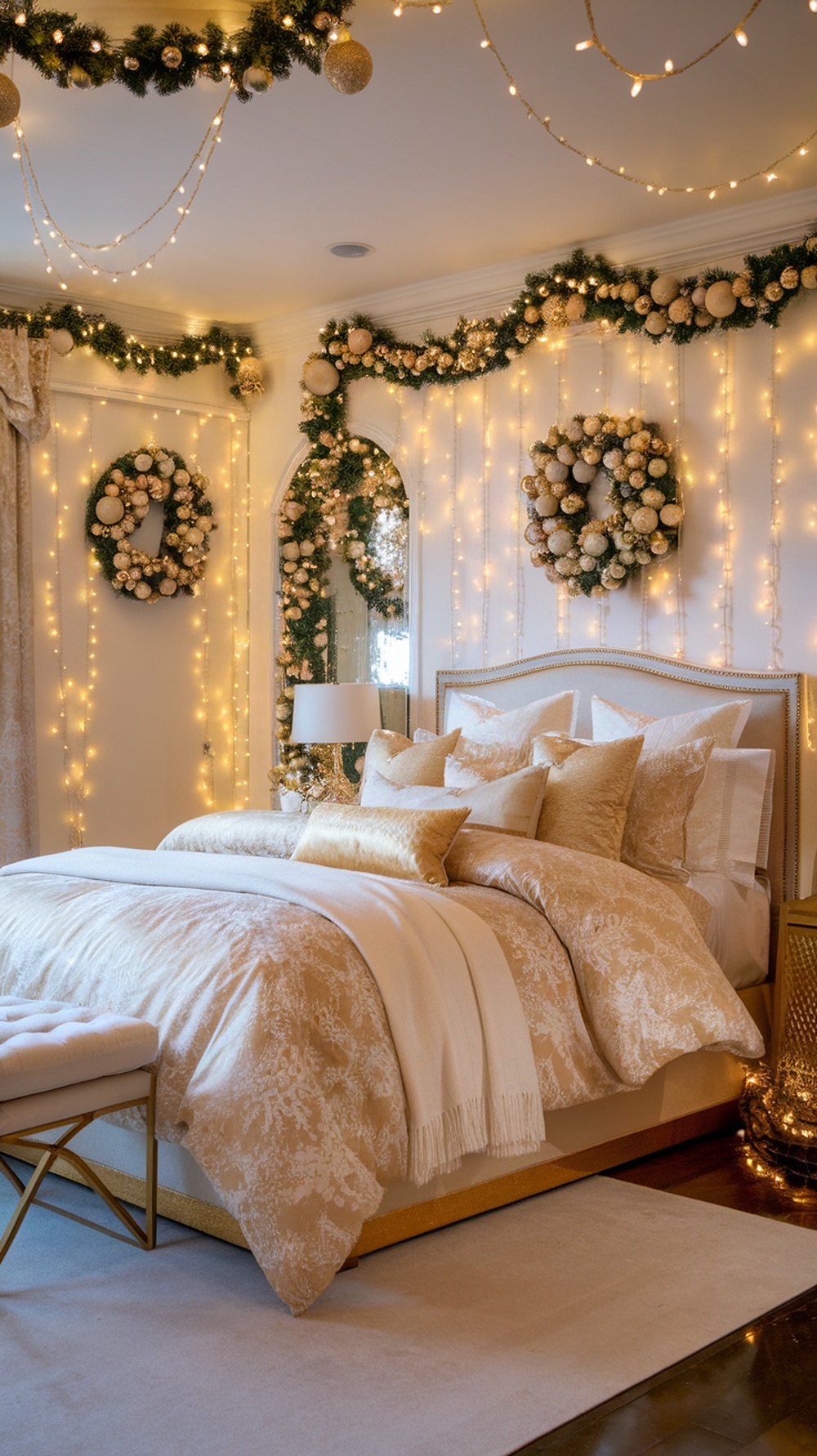 A beautifully decorated Christmas bedroom featuring gold accents, fairy lights, and elegant wreaths.