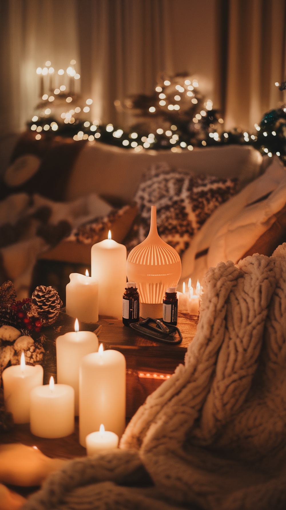 A cozy Christmas living room with candles and an essential oil diffuser creating inviting scents.