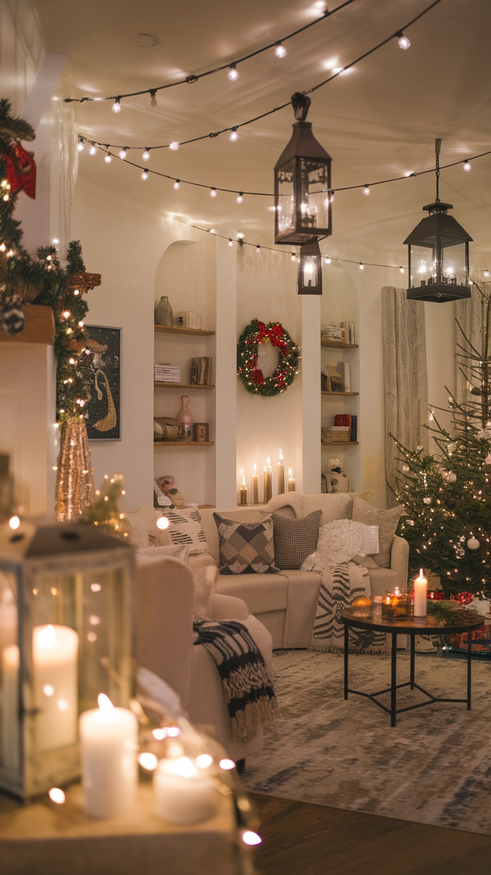 Cozy living room decorated for Christmas with string lights, lanterns, and a Christmas tree.