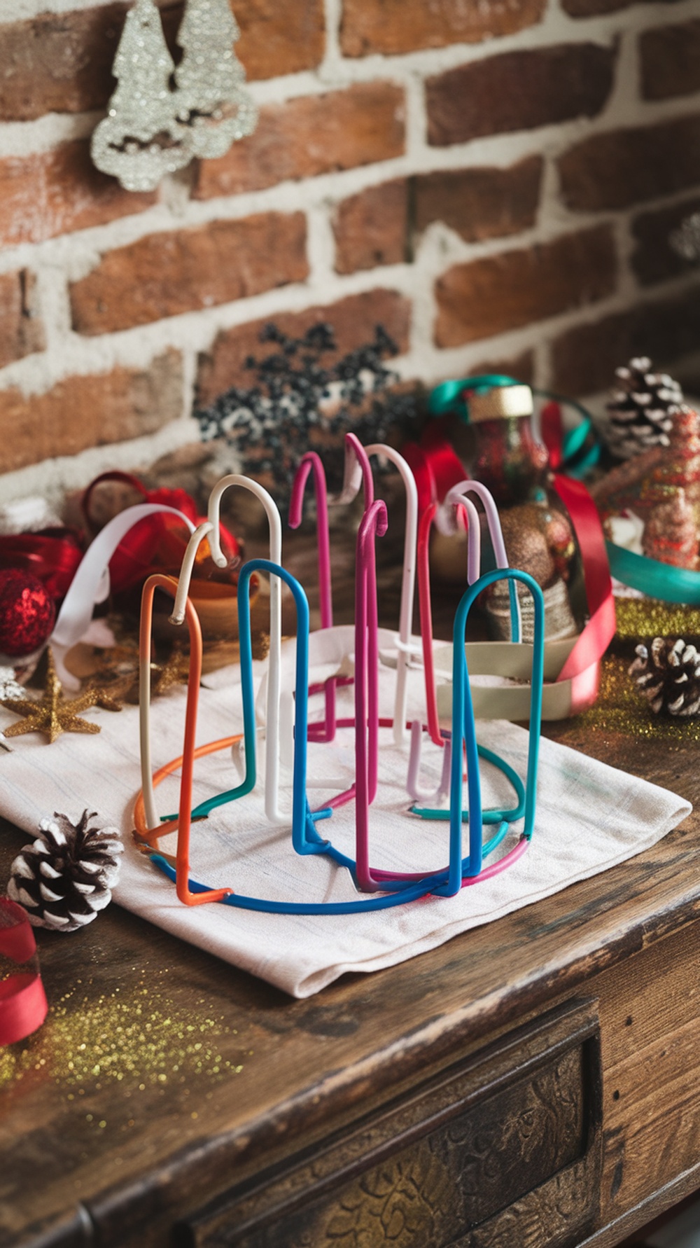 Colorful homemade ornament hooks on a table with Christmas decorations