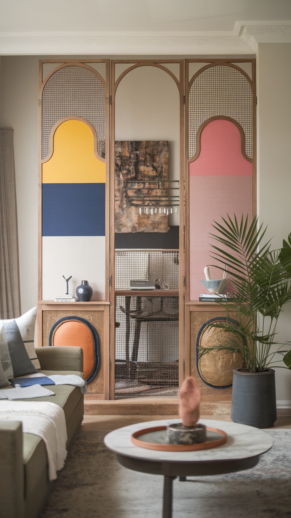 A colorful custom-made living room divider with geometric patterns and textures.