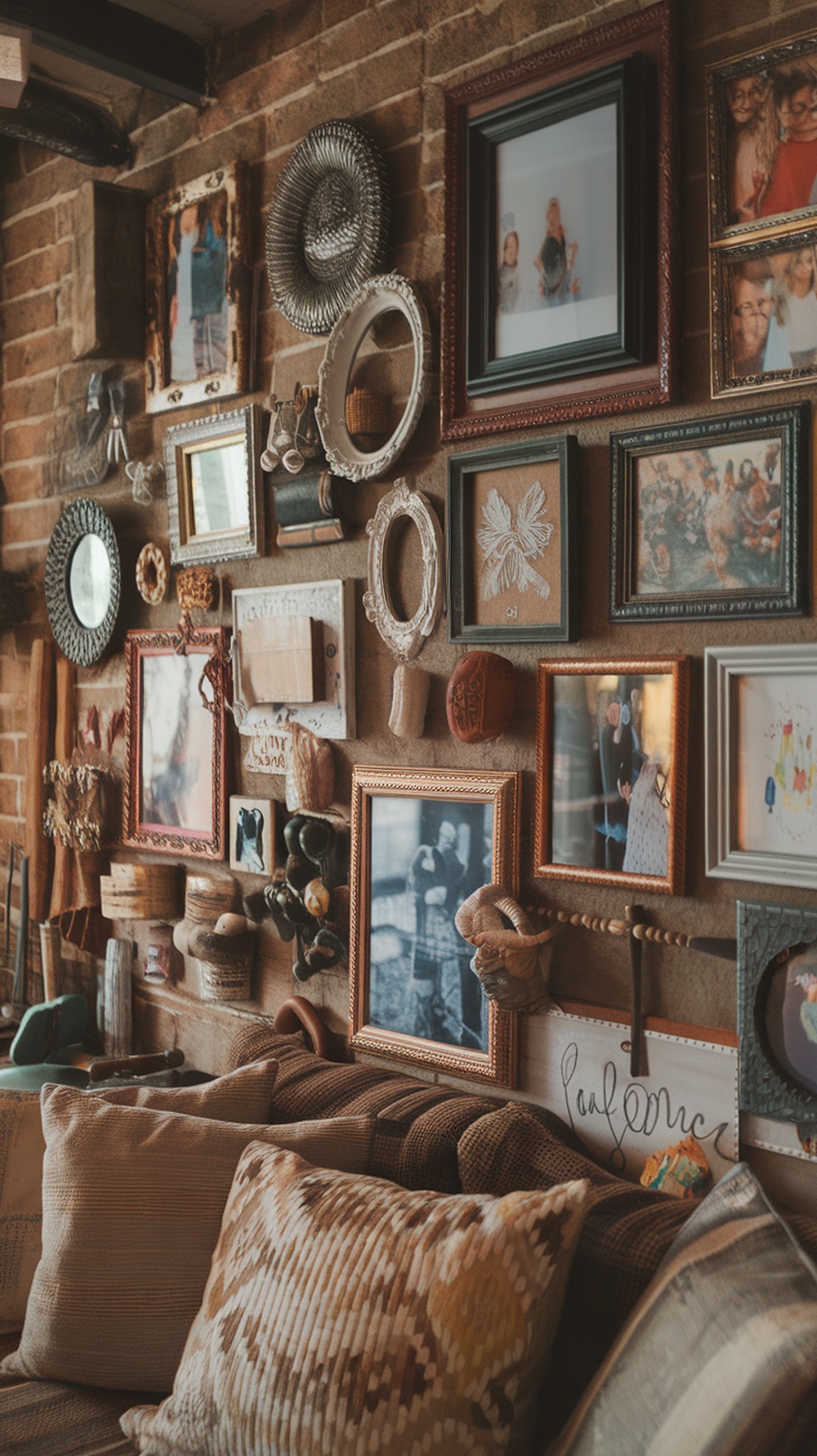 A cozy living room wall decorated with family photos and memories in various frames.