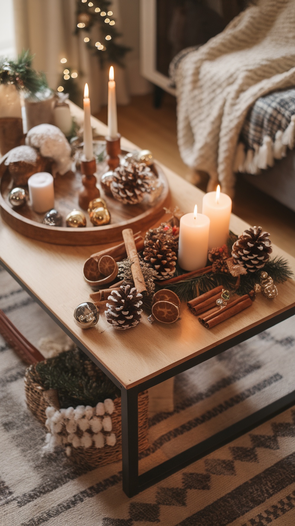 A beautifully decorated Christmas coffee table with candles, pinecones, and cinnamon sticks.