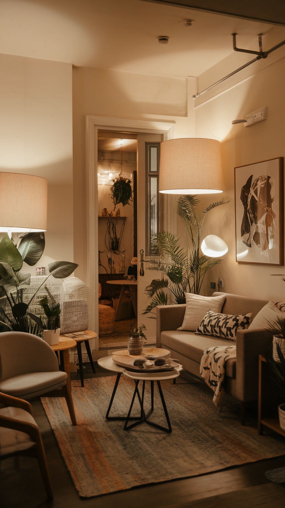 Cozy small living room with stylish lamps and plants, showcasing warm lighting.