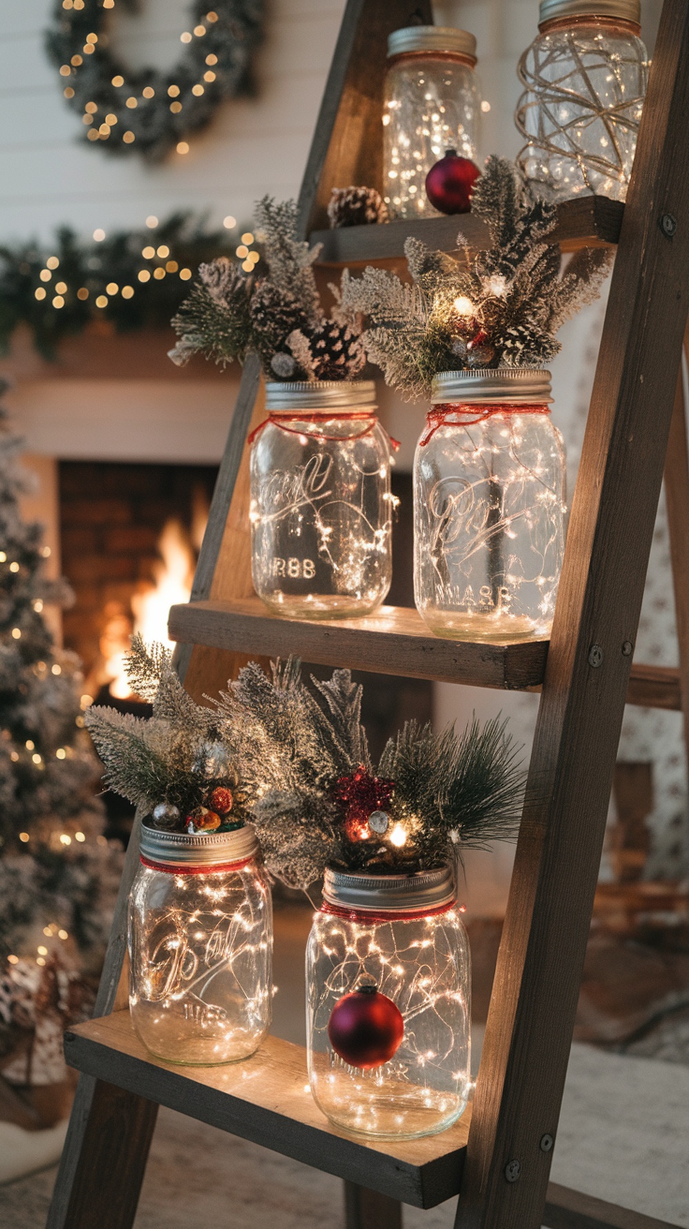 A display of mason jars filled with lights and greenery on a wooden ladder, creating a cozy holiday decor.