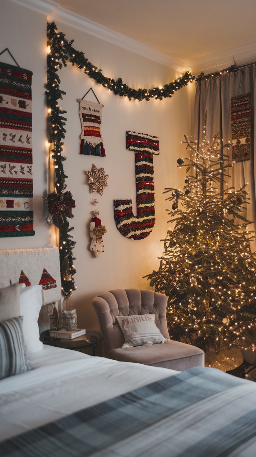 A cozy bedroom decorated for Christmas with knitted wall art, garlands, and a Christmas tree.