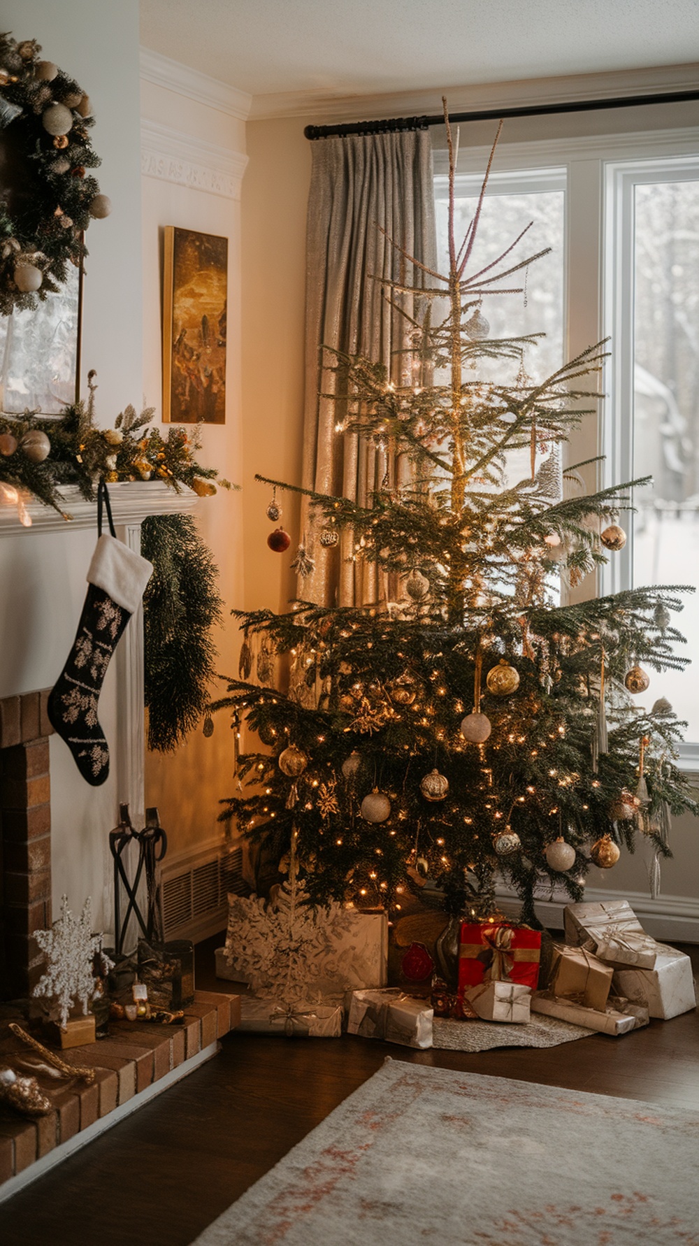 A cozy living room decorated for Christmas with an Art Deco theme, featuring a beautifully adorned tree, gifts, and a warm fireplace.
