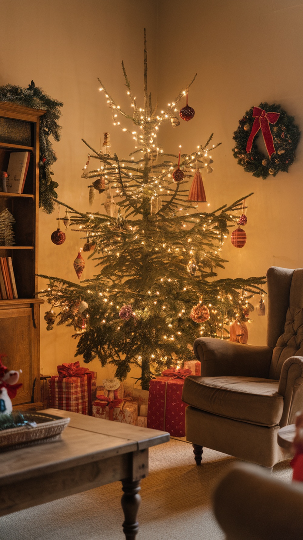 A cozy living room decorated for Christmas with a vintage tree, ornaments, and wrapped gifts.