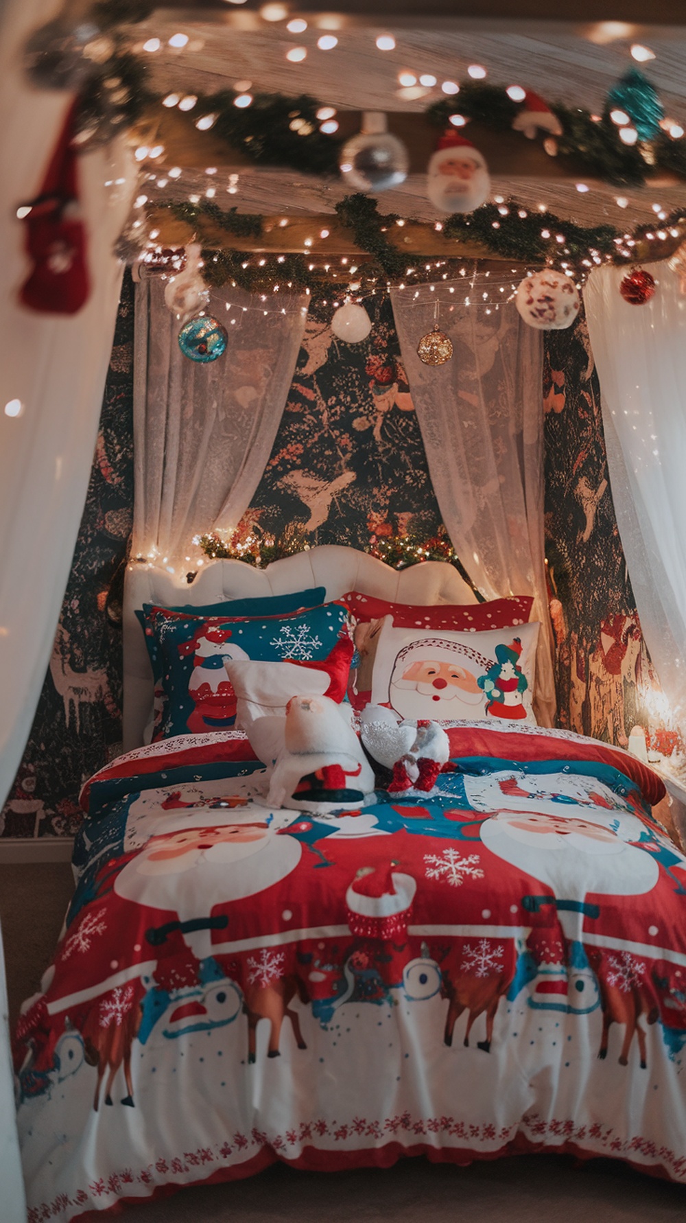 A cozy bedroom decorated with Christmas bedding featuring Santa Claus and reindeer, surrounded by festive lights and ornaments.