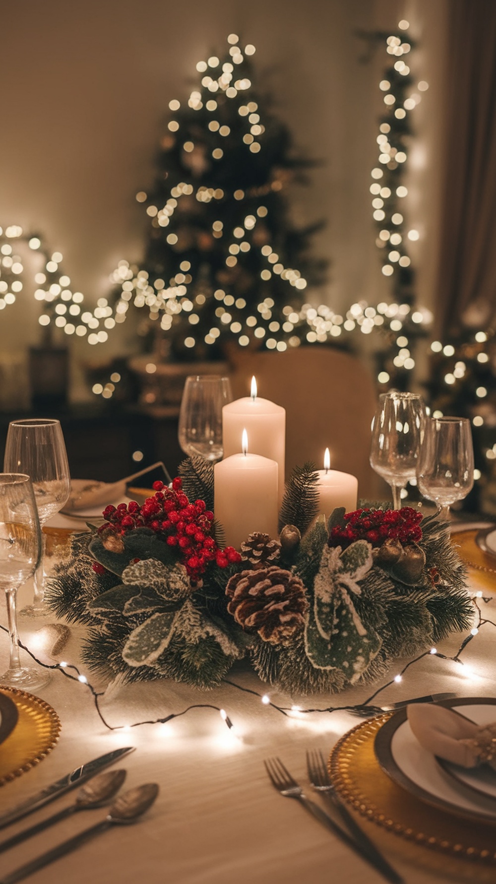 A beautifully arranged Christmas centerpiece with candles, greenery, and festive decorations.