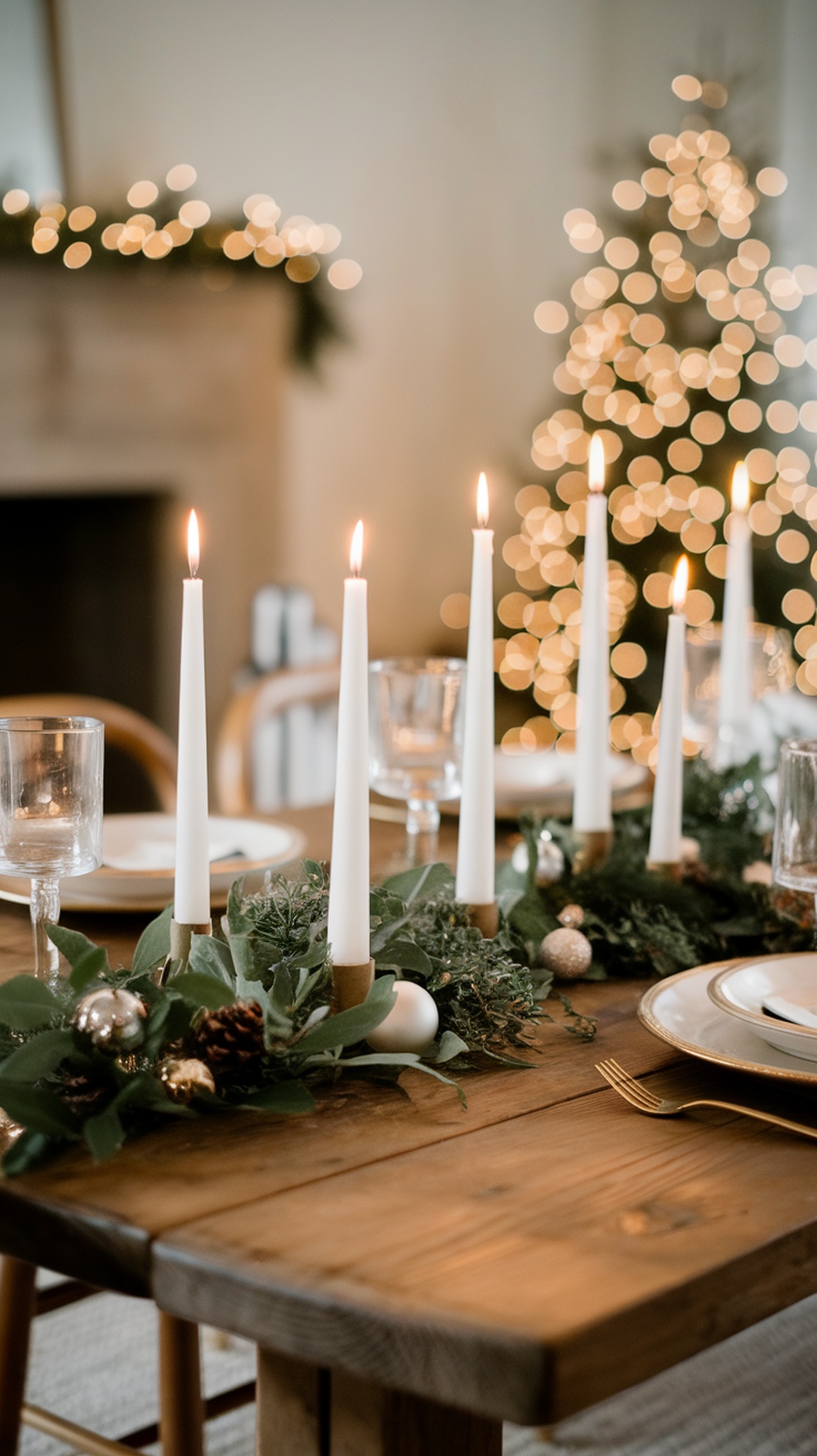 A minimalist holiday table centerpiece featuring white candles, greenery, and ornaments.
