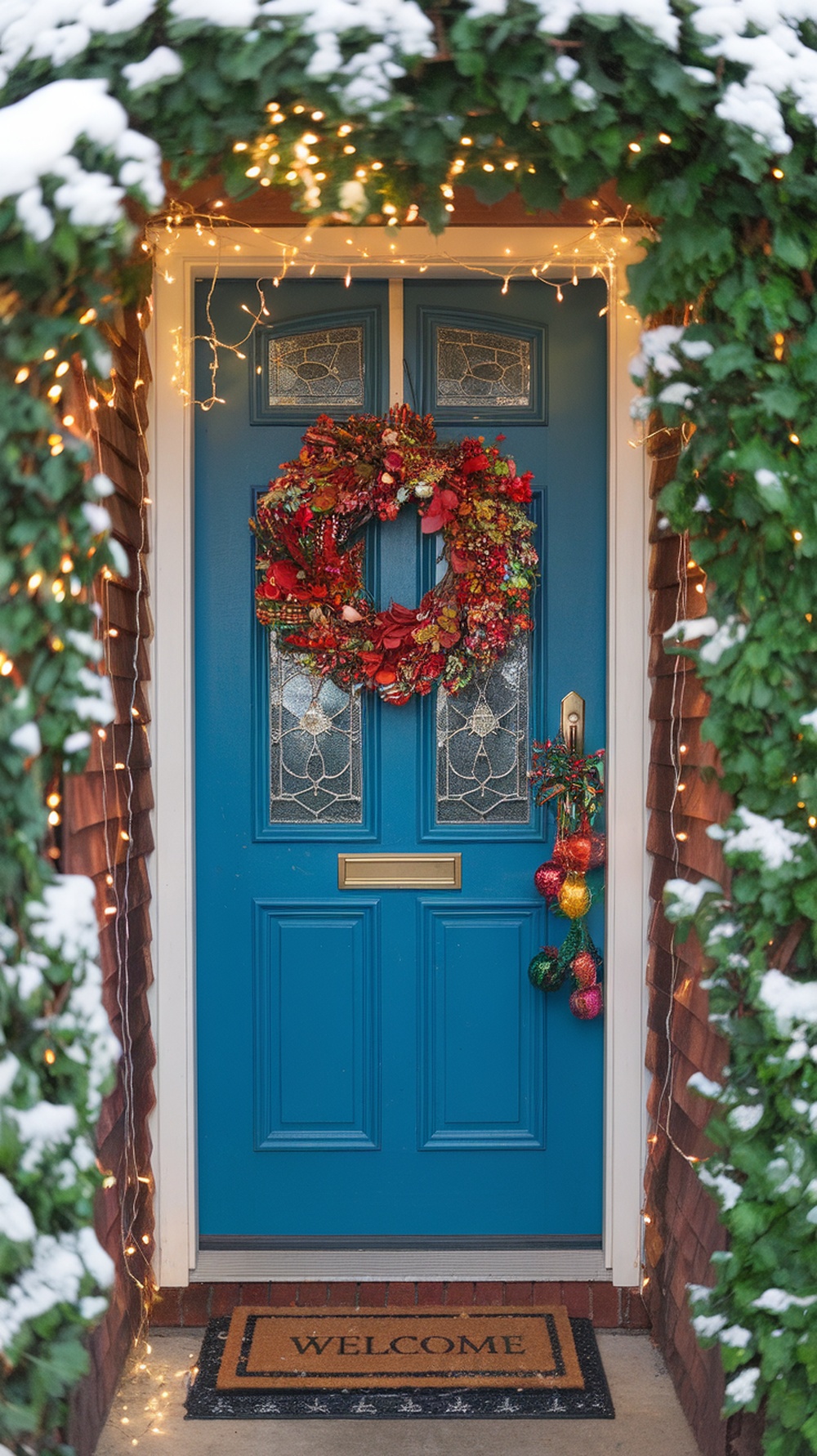 A festive entryway featuring a blue door with a colorful wreath, twinkling lights, and a welcome mat.