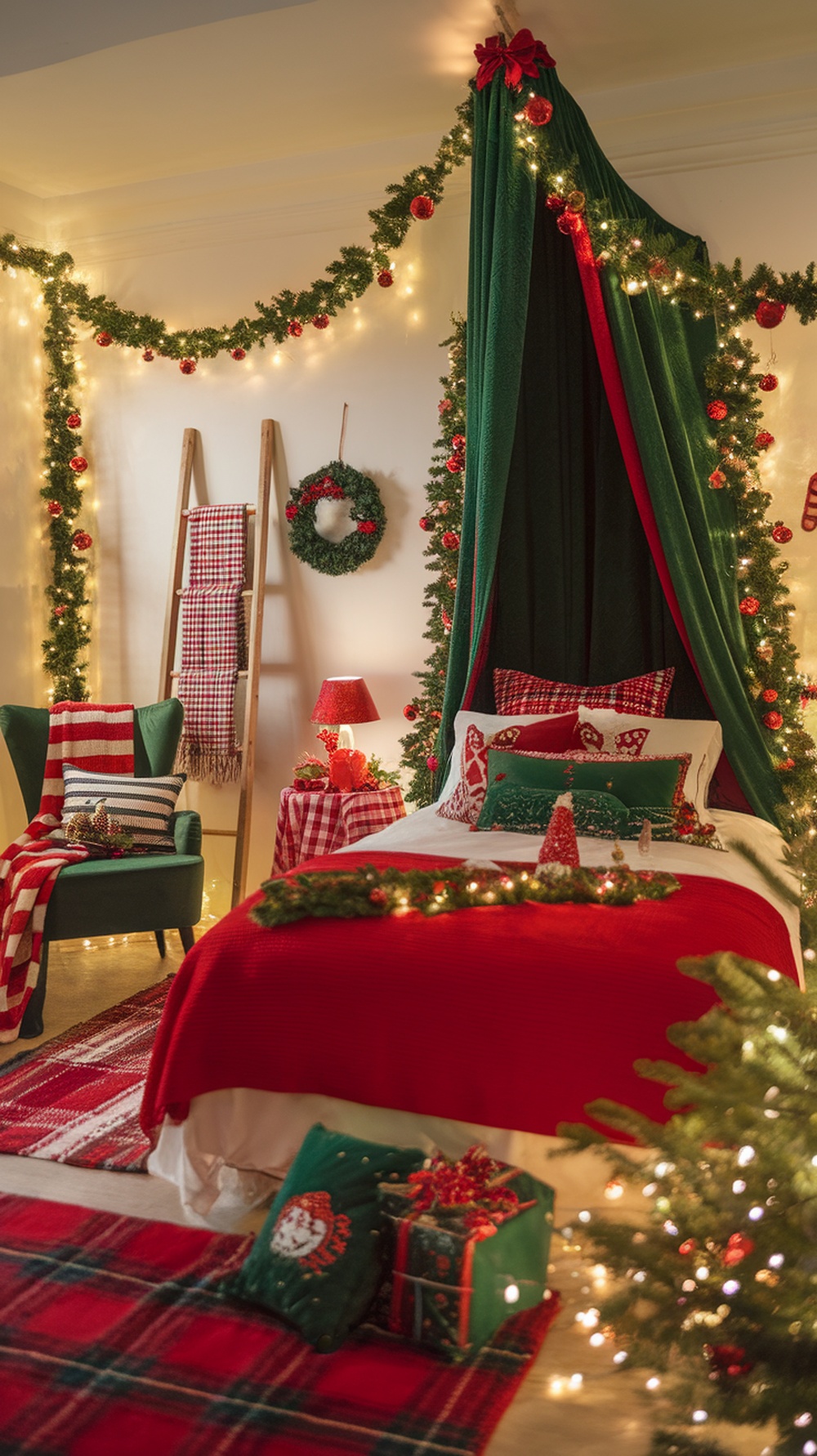 A cozy Christmas bedroom decorated in traditional red and green colors with festive lights and decorations.