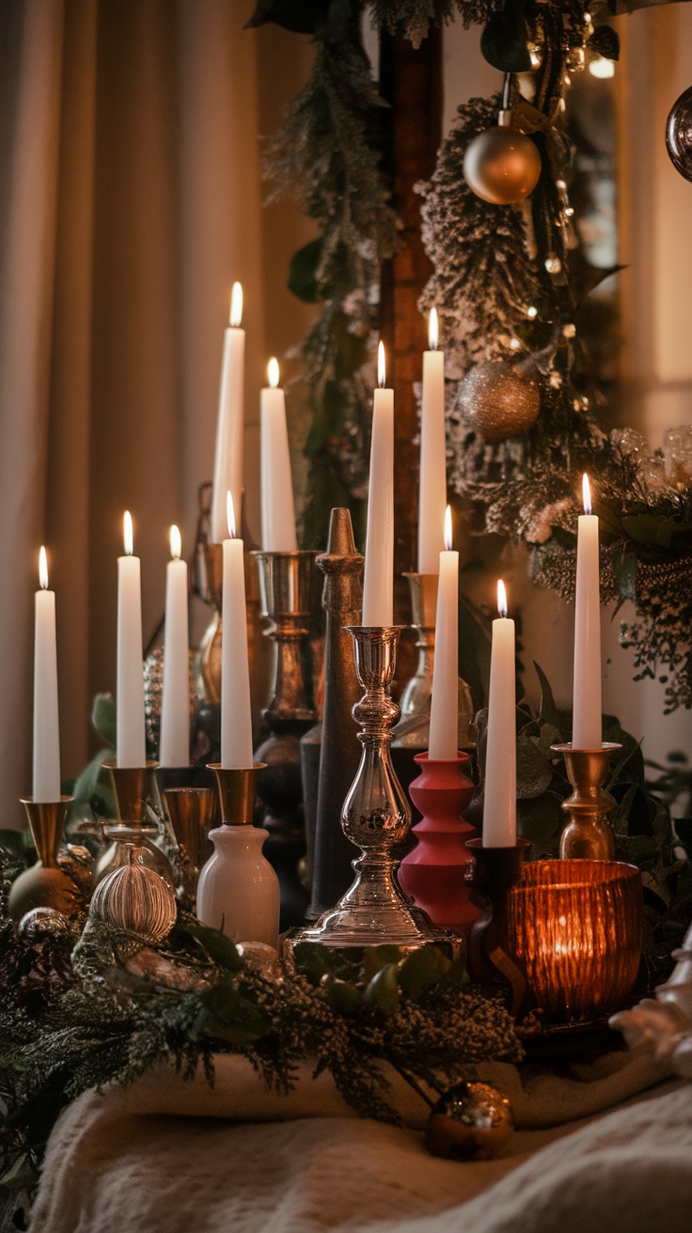 A collection of elegant candle holders with lit candles, surrounded by festive decorations.