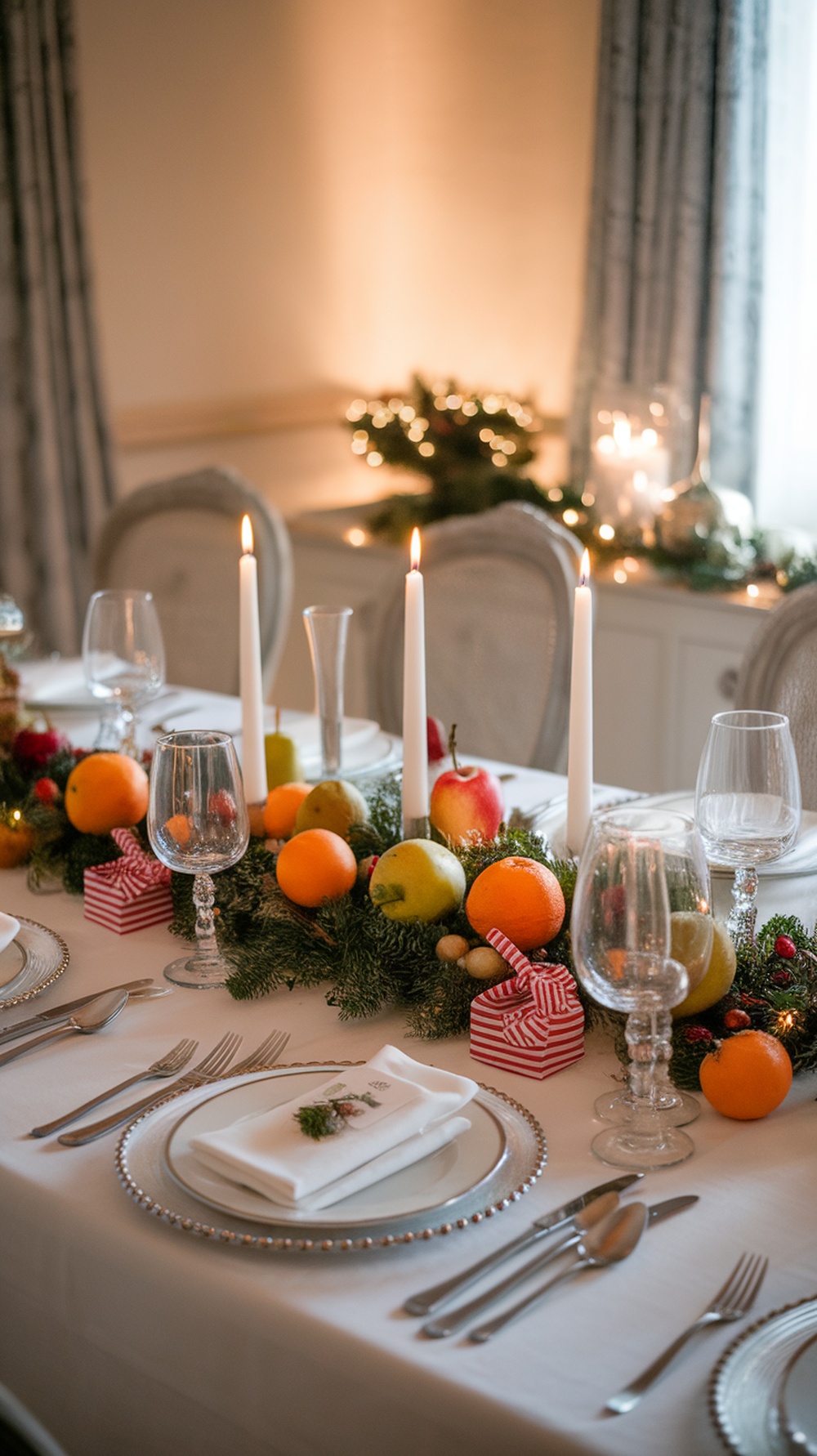 Elegant table centerpiece with natural elements including fruits and greenery.