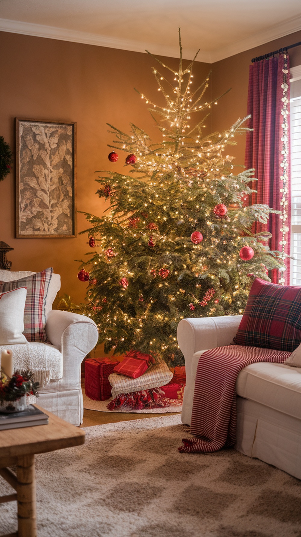 Cozy Christmas living room with a decorated tree, comfortable seating, and festive decor.