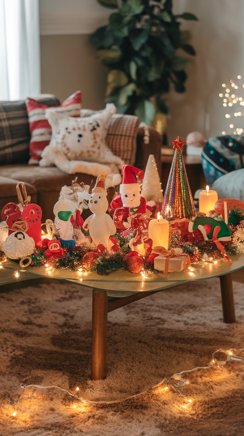 A colorful Christmas coffee table decorated with kid-friendly ornaments, candles, and festive lights.