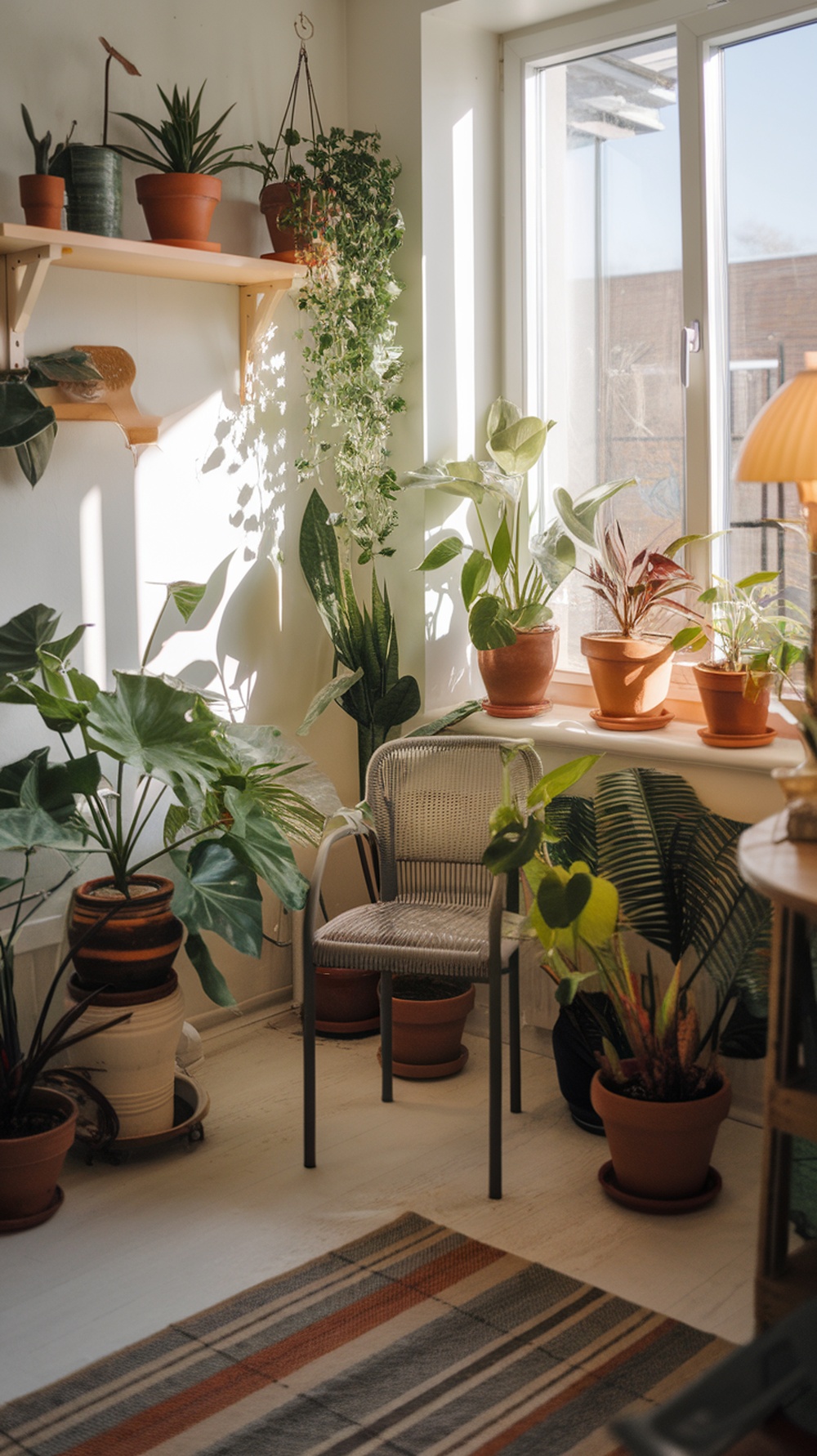 A cozy living room corner filled with various potted plants, showcasing a bright and inviting atmosphere.