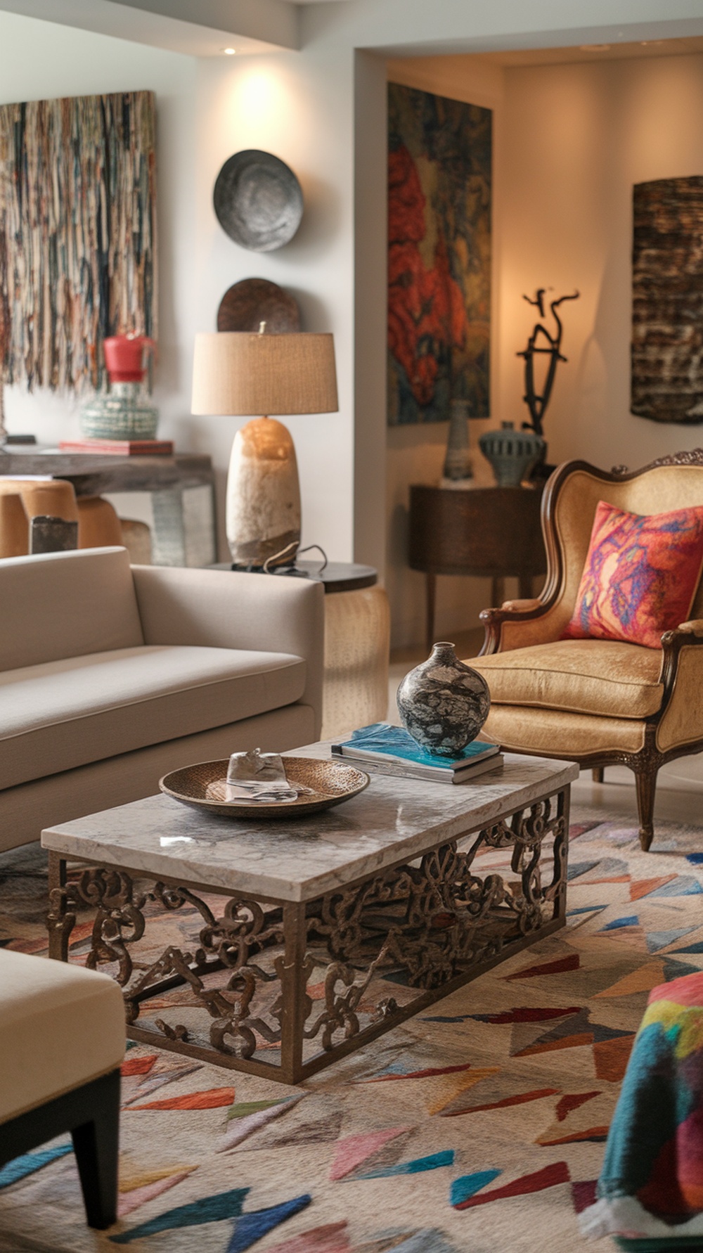 A stylish living room featuring a mix of modern and vintage furniture, including a light sofa, ornate coffee table, and colorful rug.