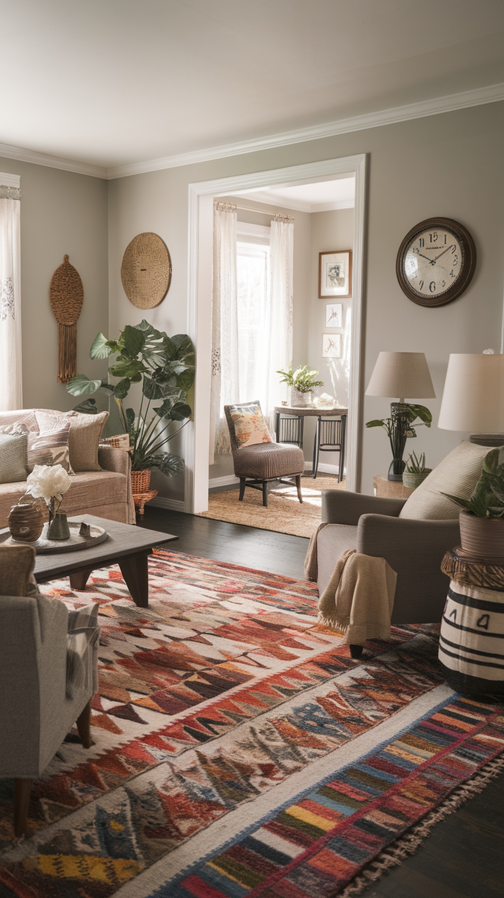 A cozy living room featuring a colorful patterned rug that defines the seating area, with plants and decorative elements enhancing the space.