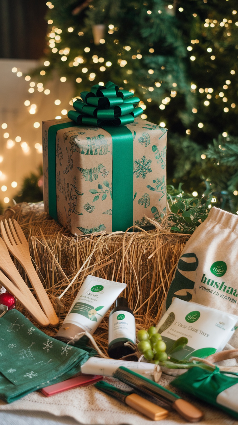 Eco-friendly gift items including wooden utensils and organic skincare products, beautifully wrapped in sustainable packaging.