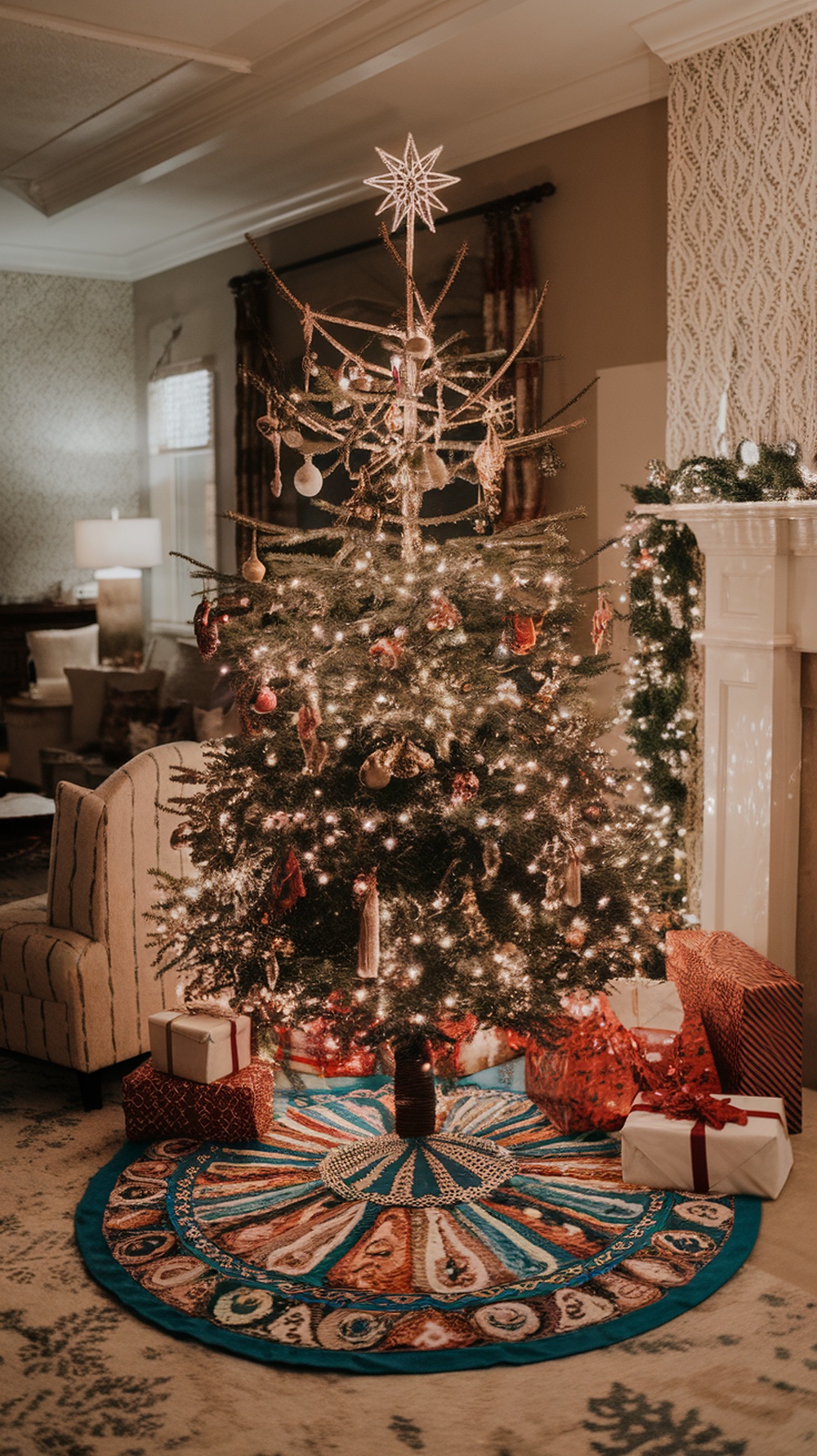 A beautifully decorated Christmas tree with a colorful tree skirt and presents underneath.