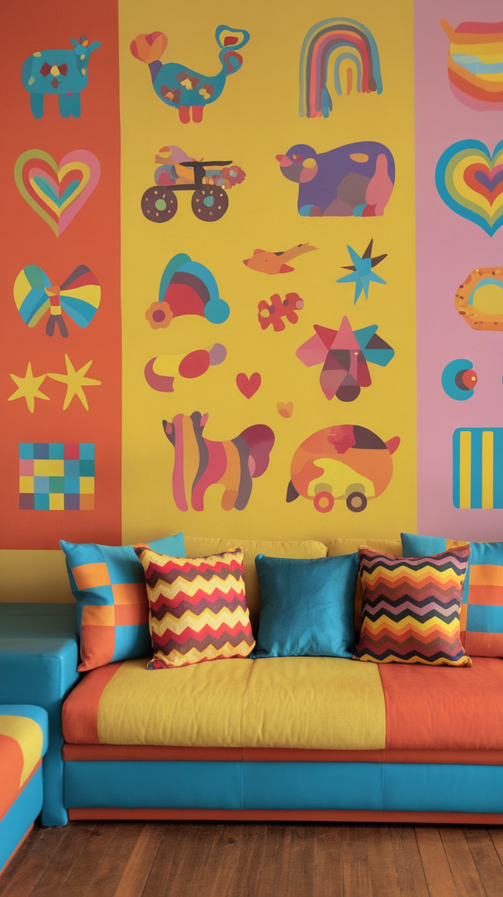 A colorful living room wall with playful wall decals featuring animals, hearts, and geometric shapes, complemented by a vibrant couch with patterned pillows.
