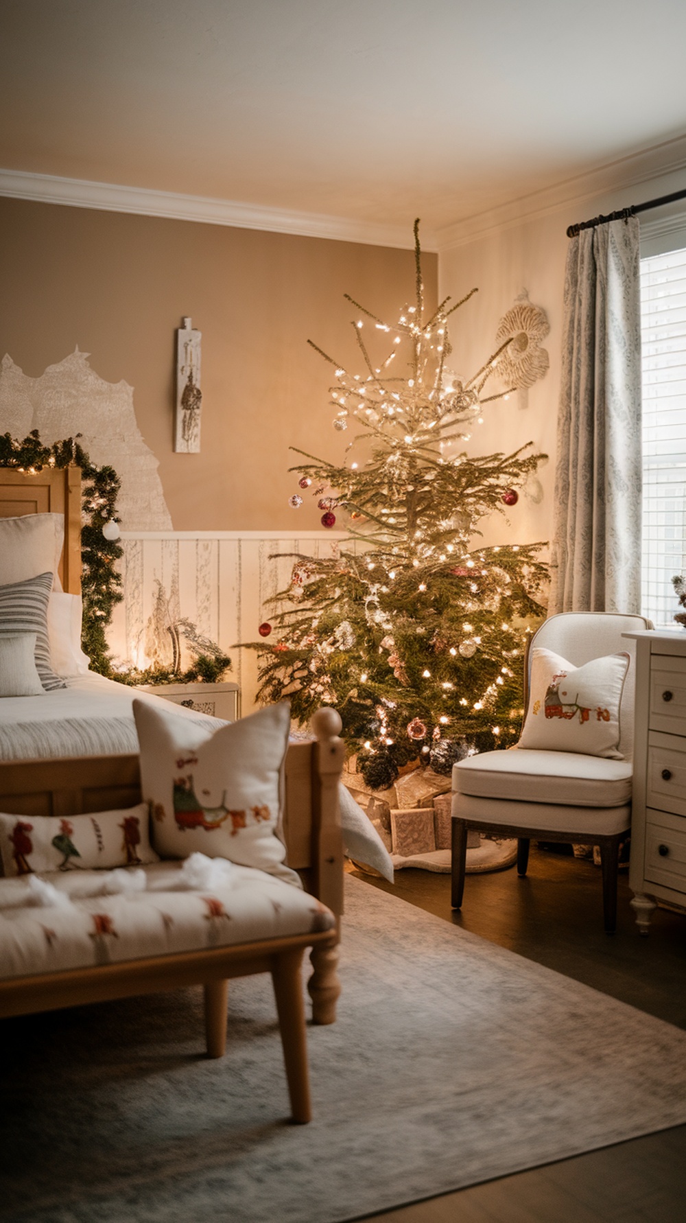 A cozy bedroom decorated for Christmas with a tree, festive pillows, and warm lighting.