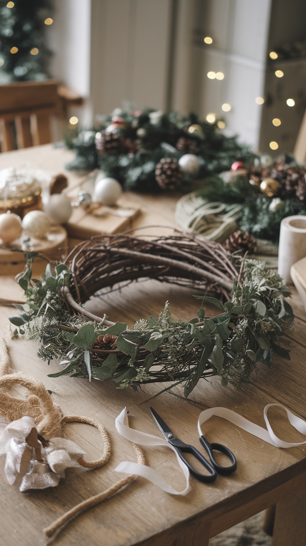 A wreath base made of twigs on a wooden table, surrounded by crafting materials for homemade Christmas decorations.