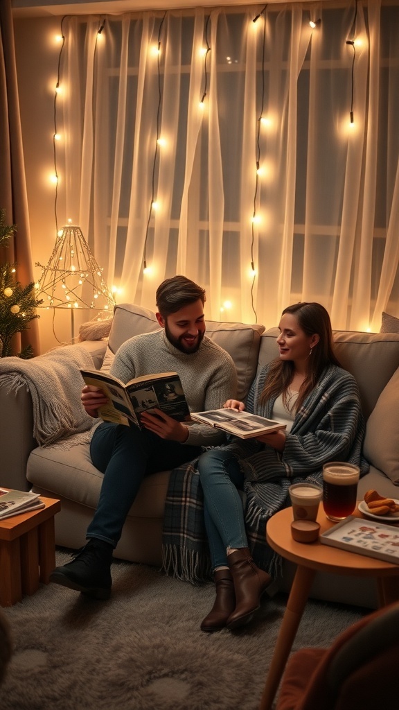 A couple sitting on a couch, looking at a photo album together in a cozy living room.