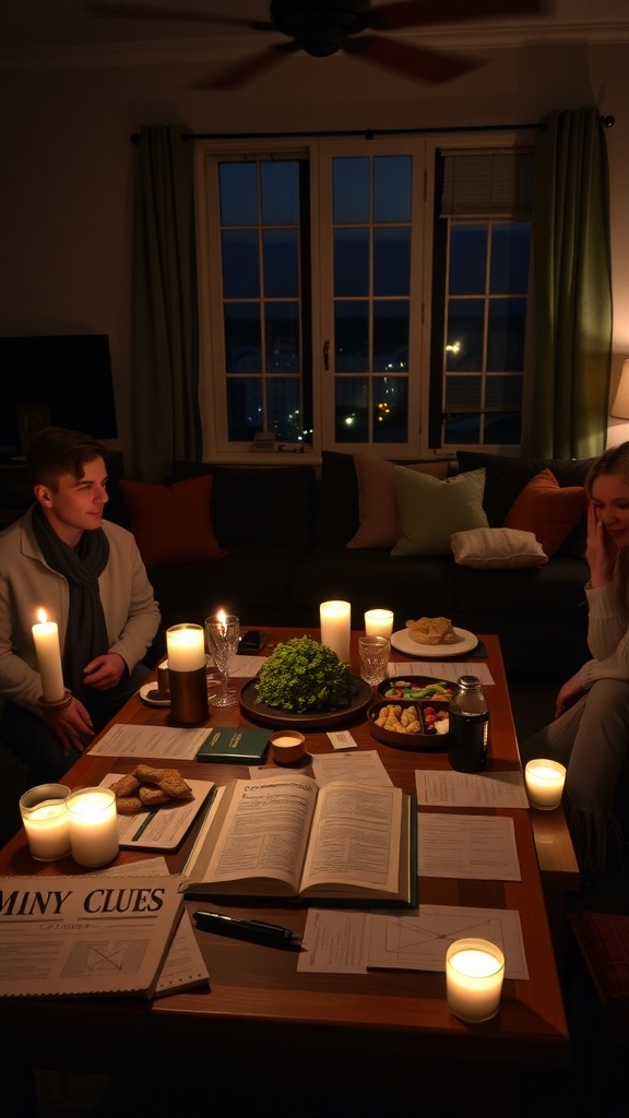 A cozy living room with candlelight, two people wearing masks, and a table filled with notes and clues for a DIY mystery night.