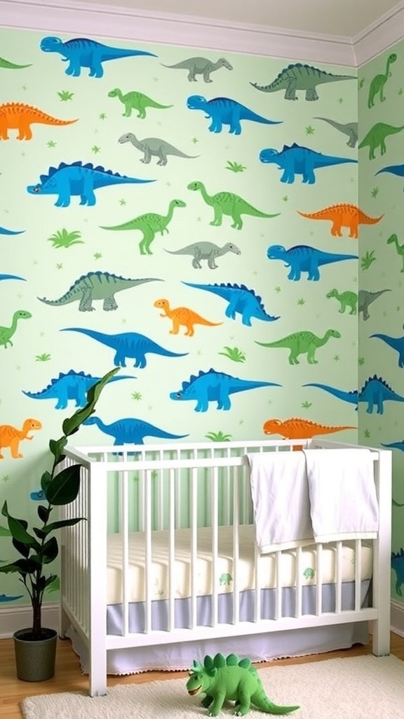 Colorful dinosaur nursery wallpaper featuring various dinosaurs and space elements.