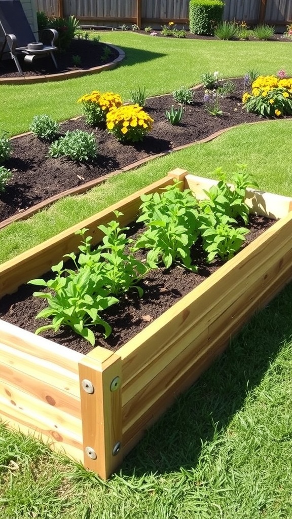 Cedar raised garden bed with plants growing in it, surrounded by a well-kept garden.
