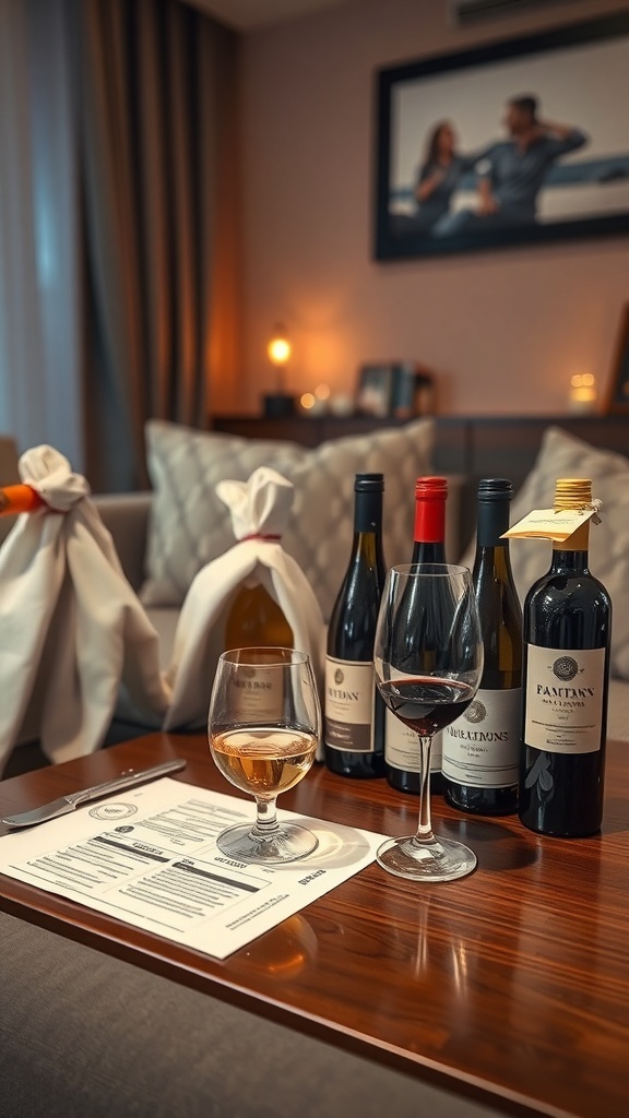A cozy setup for a blind taste test challenge with wine bottles, glasses, and a tasting menu.