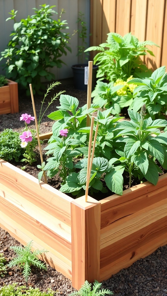 Cedar raised garden bed with colorful flowers and greenery