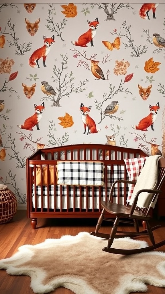 Woodland animals nursery wallpaper featuring playful designs of animals and trees.