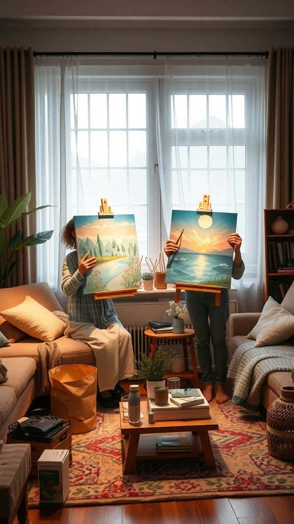 Couples holding their paintings in a cozy living room setting
