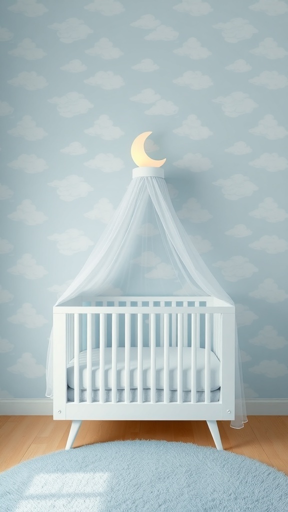 A cozy baby boy nursery featuring clouds and sky wallpaper with playful dinosaur and animal designs.