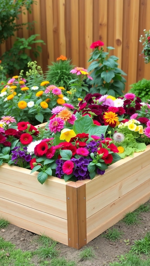 A colorful cedar raised garden bed filled with various flowers.