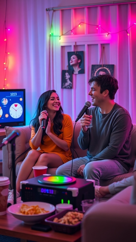 A couple singing karaoke at home with colorful lights and snacks.