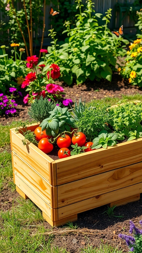 A cedar raised garden bed filled with tomatoes and herbs, surrounded by colorful flowers.