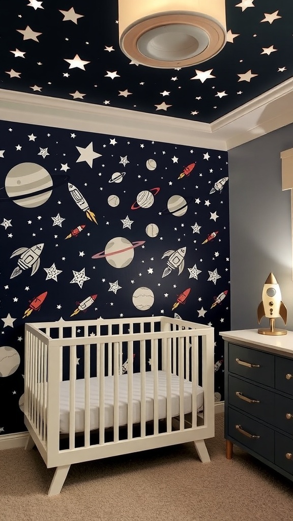 A nursery featuring space and planets wallpaper with dinosaurs and stars.