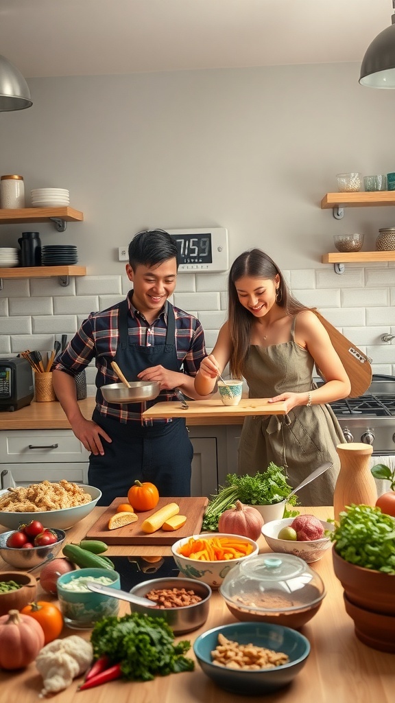 A couple enjoying a cooking competition in a vibrant kitchen filled with fresh ingredients.